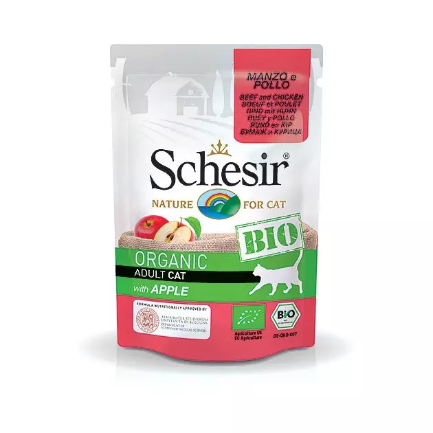 Schesir Cat BIO Organic STERILIZED GOVEDINA in PIŠČANEC s KORENJEM 85g